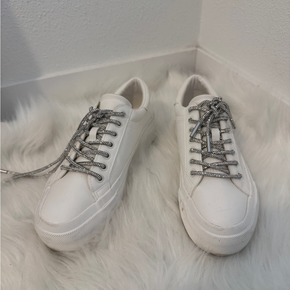 Women's White Sneakers with Silver Glitter Lace